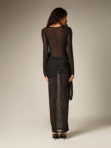 AiiRZ 黑色波点网纱长款连衣裙，侧边系带设计，长袖透视修身派对晚礼服 - 黑色 - 查看 3