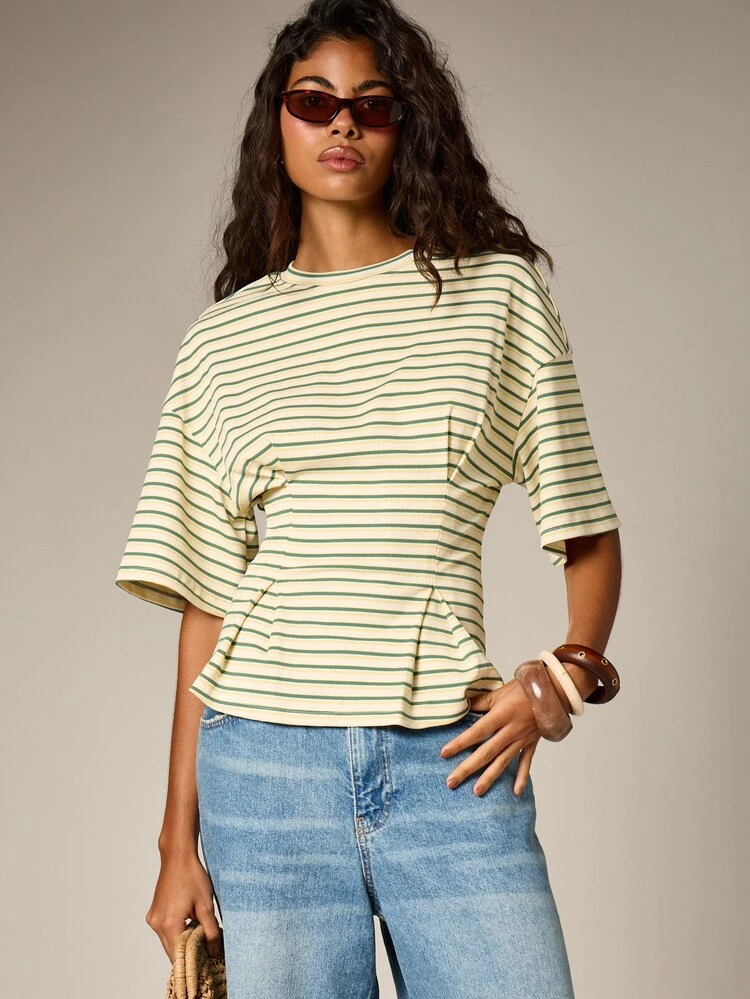 Striped Peplum T-Shirt With Crew Neck