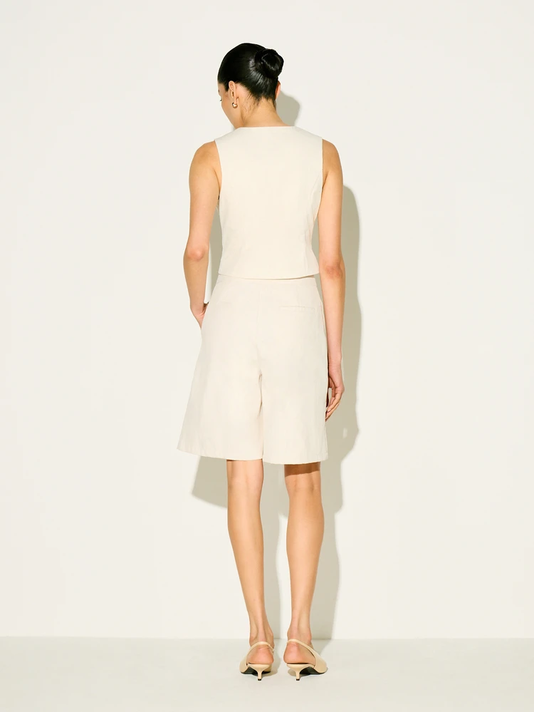 KSTM Women High Waisted Pleated Bermuda Shorts Tailored Knee Length Wide Leg Summer Office Casual Neutral Beige Elastic Waist Pockets