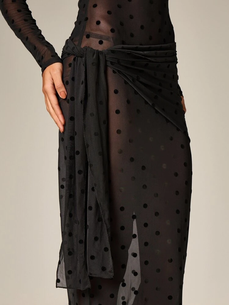 Polka Dot Mesh Maxi Dress With Tie Detail