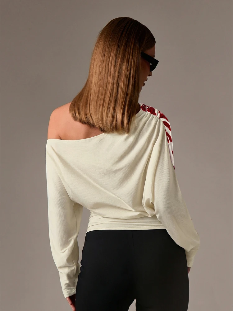 Asymmetrical Off Shoulder Blouse With Floral Pattern Design Long Sleeve Evening Party Occasion Winter Fall Fashion Statement Top With Ruched Waist Detail,Off The Shoulder Top