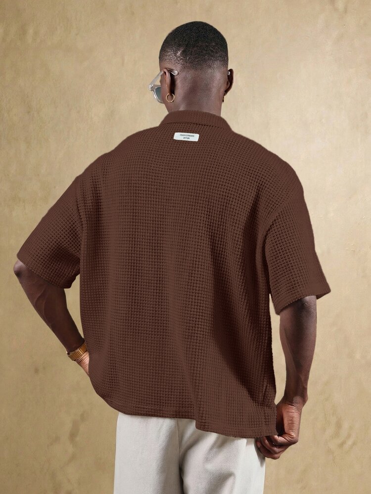 Men's Open Knit Short Sleeve Resort Polo Shirt Crop Fit Summer Vacation Breathable Textured Collared Top