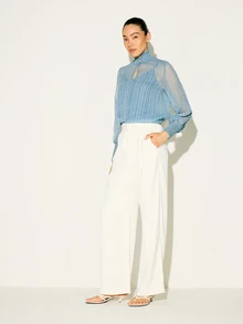 KSTM Women's Light Blue Ribbed Mock Neck Blouse With Keyhole Detail And Smocked Cuffs For Spring Summer - Blue - View 3