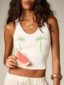 AiiRZ Áo tank top nữ họa tiết cây cọ, không tay, chất liệu gân, thích hợp cho kỳ nghỉ hè, đi biển, phong cách nhiệt đới, kiểu dáng thường ngày, với thiết kế đồ họa màu xanh lá cây. - trắng - Xem 5