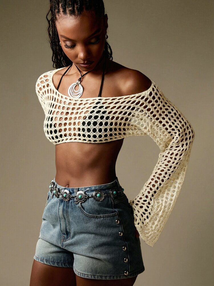 MISSGUIDED Women's Fishnet Knit Bell Sleeve Extreme Crop Sweater Off Shoulder Mesh Top Festival Boho Long Sleeve Pullover Jumper