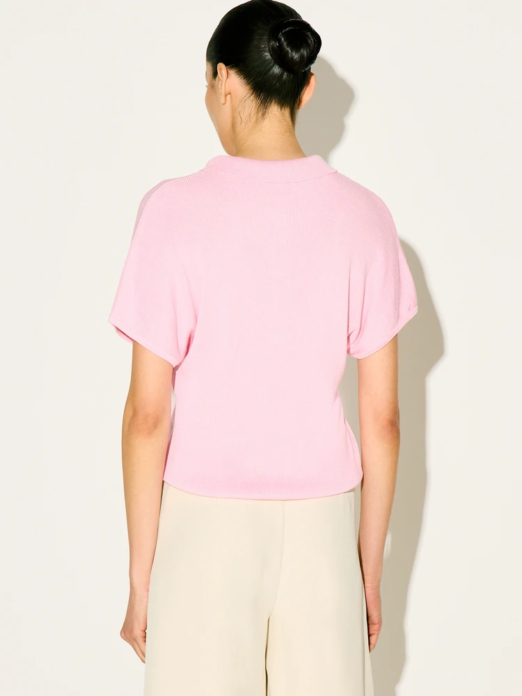 KSTM Women's Pink Ribbed Knit Polo Shirt Short Sleeve Collared Summer Top Button Front Casual Spring Lightweight Fitted Blouse