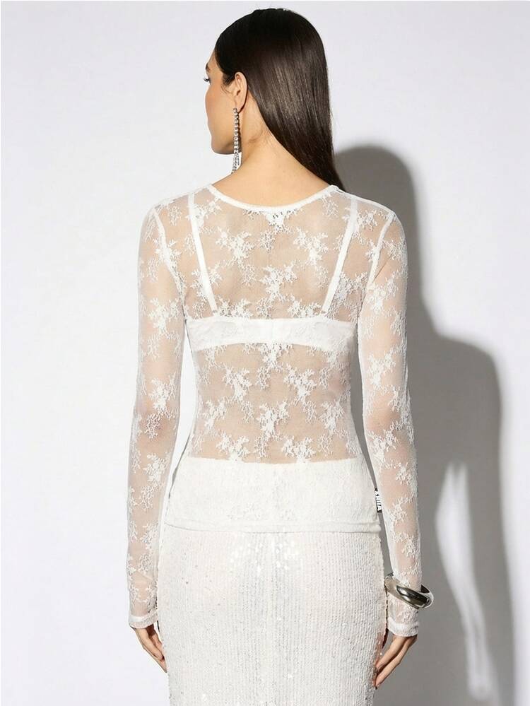 Sheer Lace Long Sleeve Floral Top