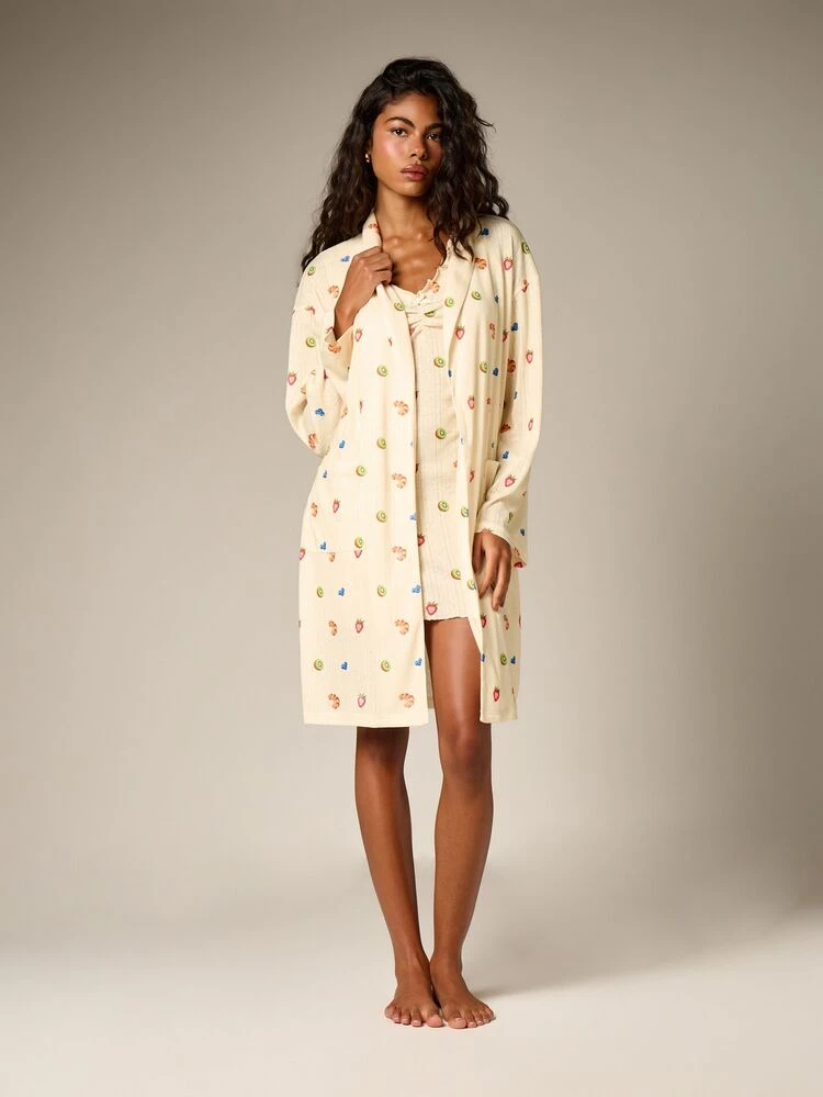 Fruit Print Long Sleeve Collared Robe