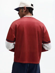 SUMWON Men's Long Sleeve V-Neck Baseball Jersey With Script Print And Color Block Sleeves - Red - View 2