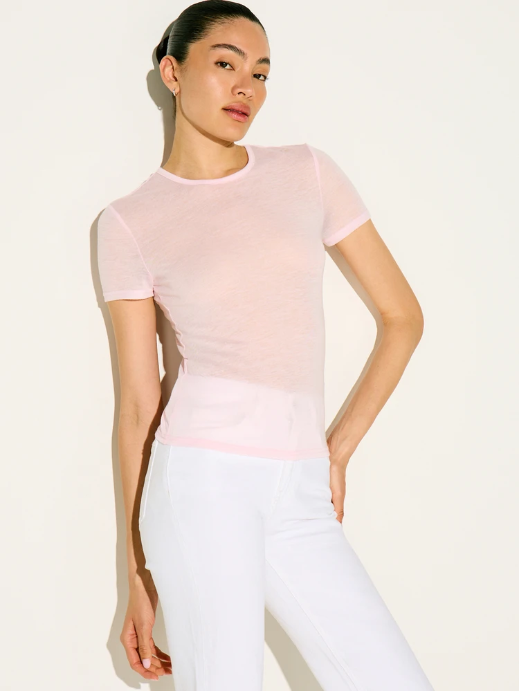 KSTM Women's Pink Semi Sheer Short Sleeve Round Neck T-Shirt Breathable Summer Casual Top