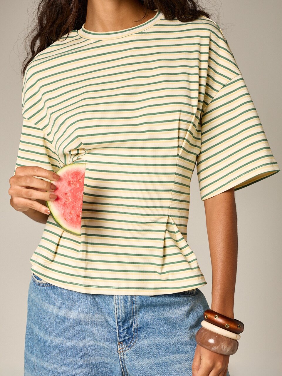 AiiRZ Damen gestreiftes Peplum T-Shirt mit kurzen Ärmeln und Rundhalsausschnitt, lässiges Sommer-Top mit ausgestelltem Saum-Detail