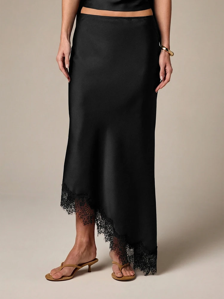 Asymmetric Maxi Skirt With Burgundy Lace Trim Detail Elegant Evening Party Formal Occasion Wear Long Flowing Feminine Style