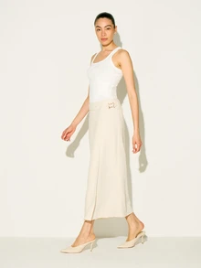 Falda larga de talle alto con cierre cruzado delantero, doble hebilla lateral y abertura lateral, estilo A-line, elegante para oficina y trabajo, para otoño e invierno - Albaricoque - Ver 6