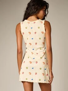 AiiRZ 女士水果印花无袖迷你睡裙，V领荷叶边装饰，前襟扭结设计，适合夏季睡衣 - 黃色 - 查看 3