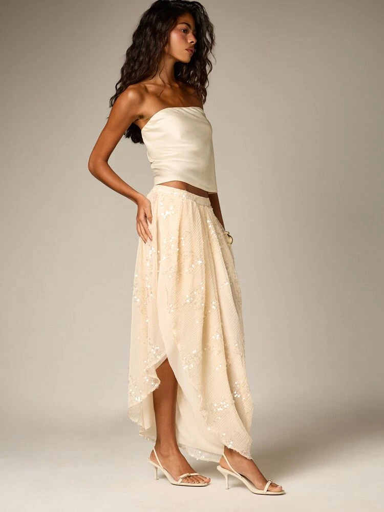 Sequin Drape Skirt With Asymmetric Hem