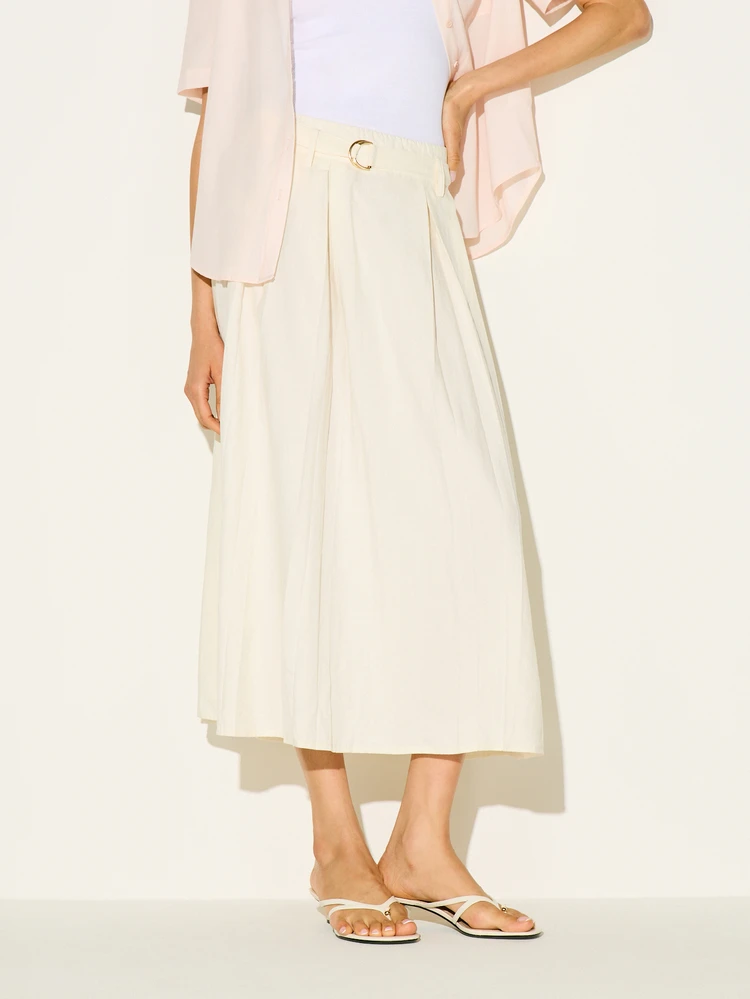 KSTM Jupe mi-longue plissée de ligne A à taille haute avec détail de ceinture anneau cercle. Élégante et polyvalente, fluide, jupe décontracté chic pour femmes