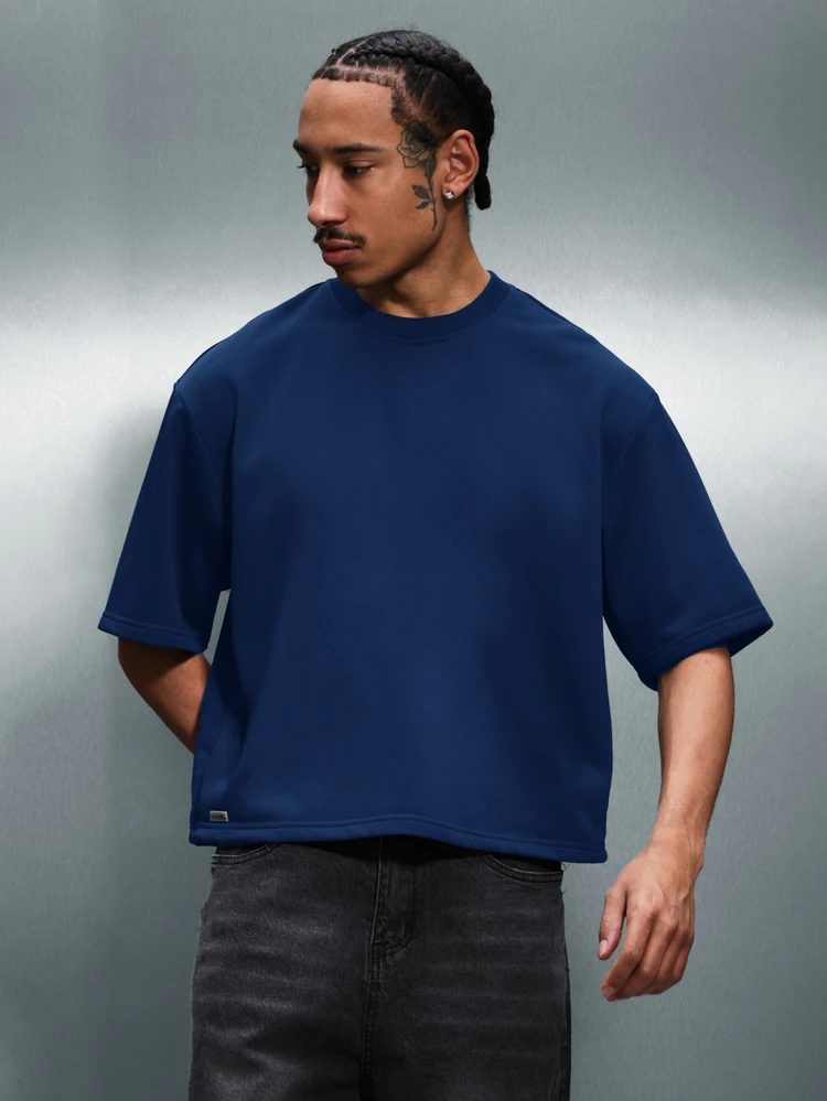 PLAYBOY X SUMWON Men's Oversized Cropped Tee Short Sleeve Relaxed Fit Navy Blue T-Shirt Casual Street Style Urban Wear Summer Top