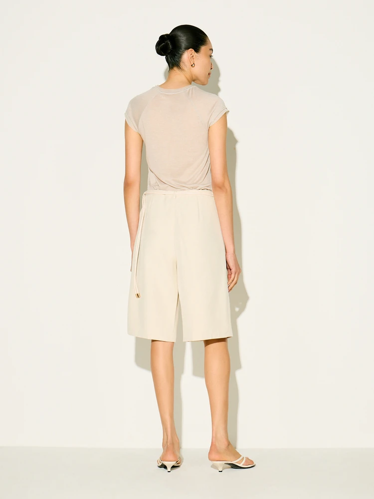 KSTM Women's Beige Linen Feel High Rise Bermuda Shorts With Belt Detail Summer Casual Knee Length Wide Leg