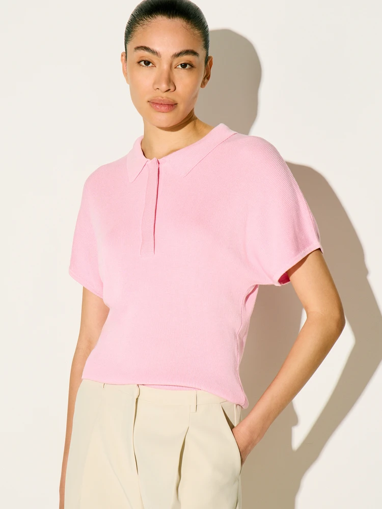 KSTM Women's Pink Ribbed Knit Polo Shirt Short Sleeve Collared Summer Top Button Front Casual Spring Lightweight Fitted Blouse