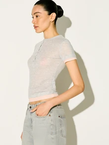 KSTM Camiseta casual de mujer con botones y cuello henley de manga corta con ribete acanalado, de dos tonos, para primavera y verano - Gris - Ver 5