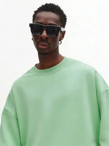 SUMWON Men's Oversized Mint Green Sweatshirt With Drop Shoulder Long Sleeves Crewneck Pullover Relaxed Fit Casual Streetwear Spring - Green - View 5