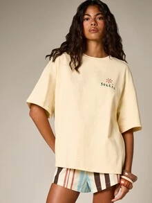AiiRZ Women's Oversized Graphic T-Shirt With Sun And Wave Print Short Sleeve Relaxed Fit Casual Summer Top - Apricot - View 6