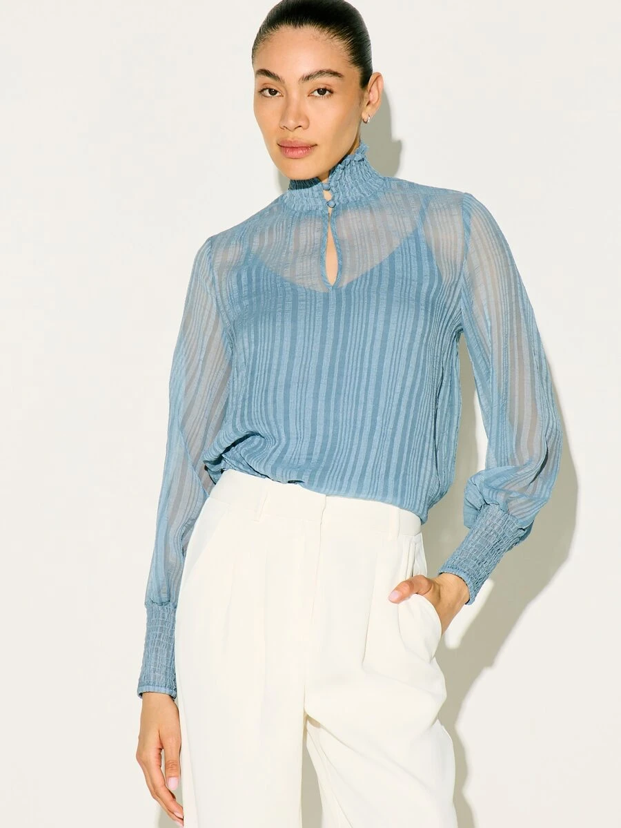 KSTM Women's Light Blue Ribbed Mock Neck Blouse With Keyhole Detail And Smocked Cuffs For Spring Summer - Blue - View 1