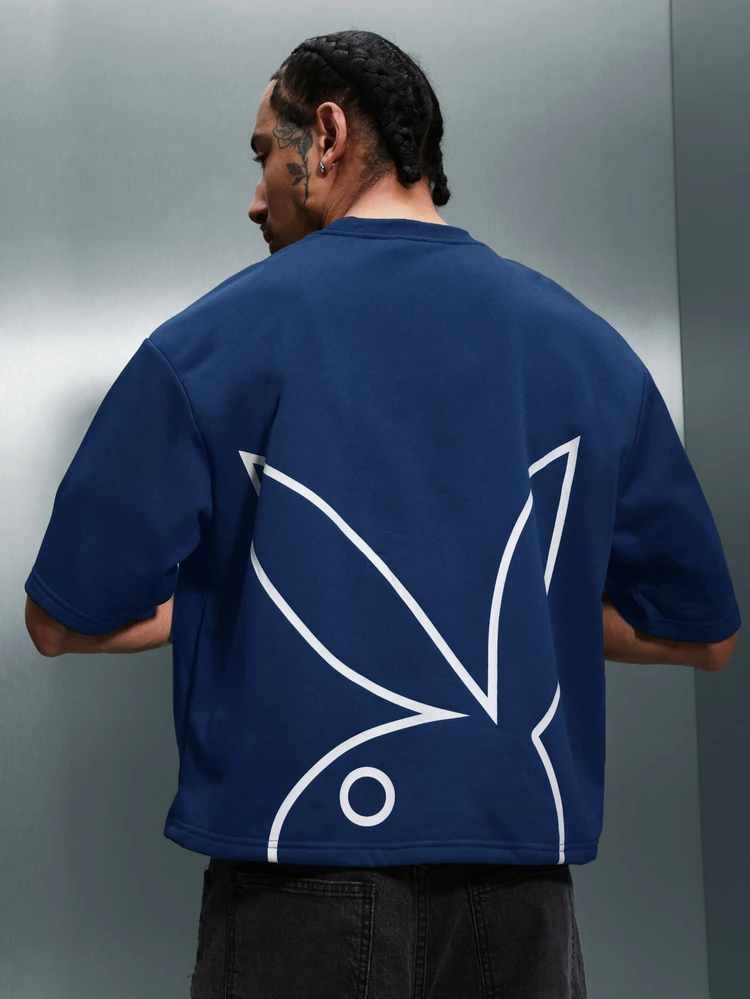 PLAYBOY X SUMWON Men's Oversized Cropped Tee Short Sleeve Relaxed Fit Navy Blue T-Shirt Casual Street Style Urban Wear Summer Top
