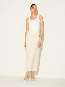 Falda larga de talle alto con cierre cruzado delantero, doble hebilla lateral y abertura lateral, estilo A-line, elegante para oficina y trabajo, para otoño e invierno - Albaricoque - Ver 5