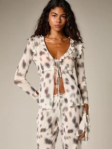 Women's Ruffled Deep V Neck Tie Front Blouse Long Sleeve Casual Flowy Top Fall Winter Printed Feminine Style - Black and White - View 1