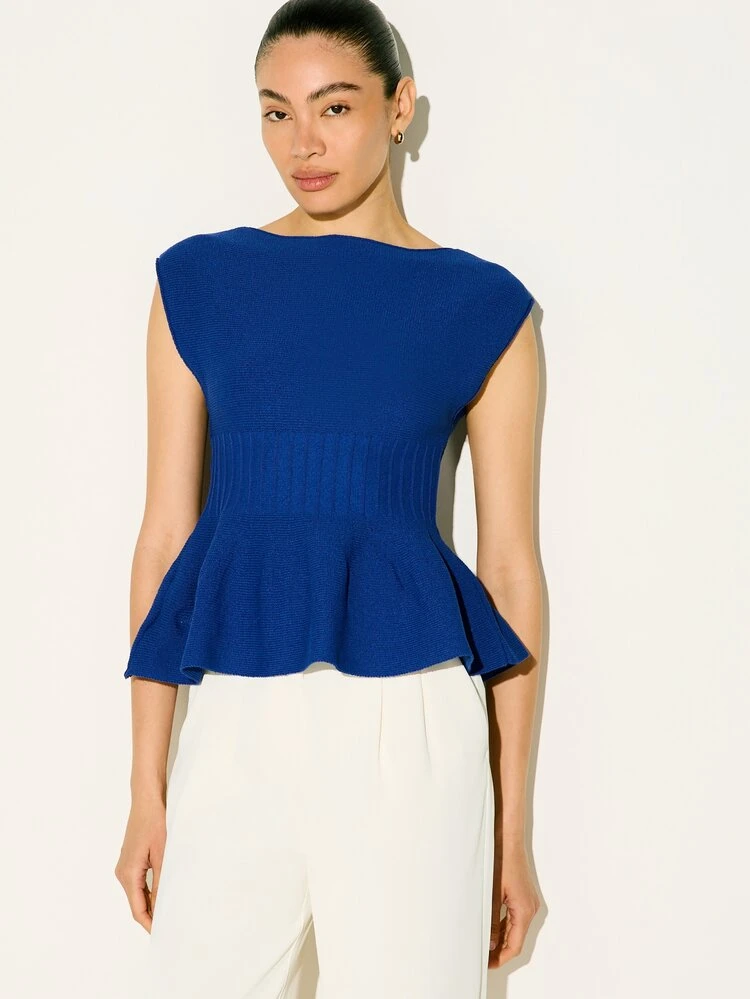 KSTM Damen Royalblau geripptes Strick-Peplum-Top mit Bootsausschnitt für Frühling Sommer Casual Wear