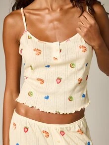 AiiRZ Bộ đồ ngủ nữ in họa tiết trái cây kiểu Pointelle gồm áo hai dây và quần ống rộng, đồ mặc nhà mùa hè. - Màu vàng - Xem 6