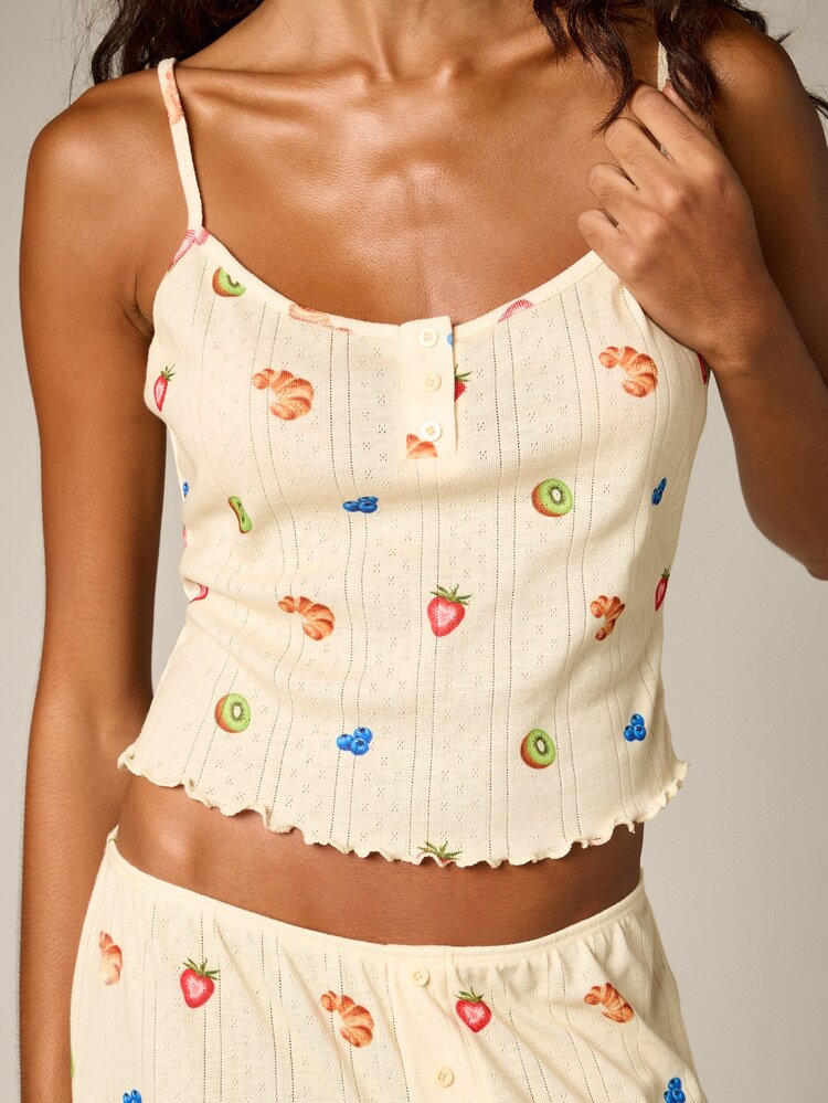 Fruit Print Pointelle Pajama Set With Cami And Wide Leg Pants