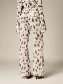 Womens High Waisted Wide Leg Flared Drawstring Palazzo Pants With Cow Print Pattern And Ruffle Trim Details - Black and White - View 3