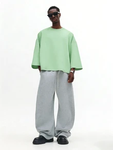 SUMWON Men's Oversized Mint Green Sweatshirt With Drop Shoulder Long Sleeves Crewneck Pullover Relaxed Fit Casual Streetwear Spring - Green - View 3