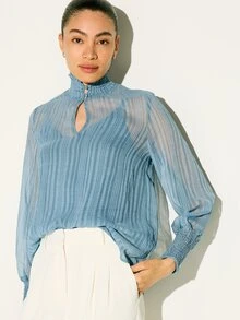 KSTM Women's Light Blue Ribbed Mock Neck Blouse With Keyhole Detail And Smocked Cuffs For Spring Summer - Blue - View 6