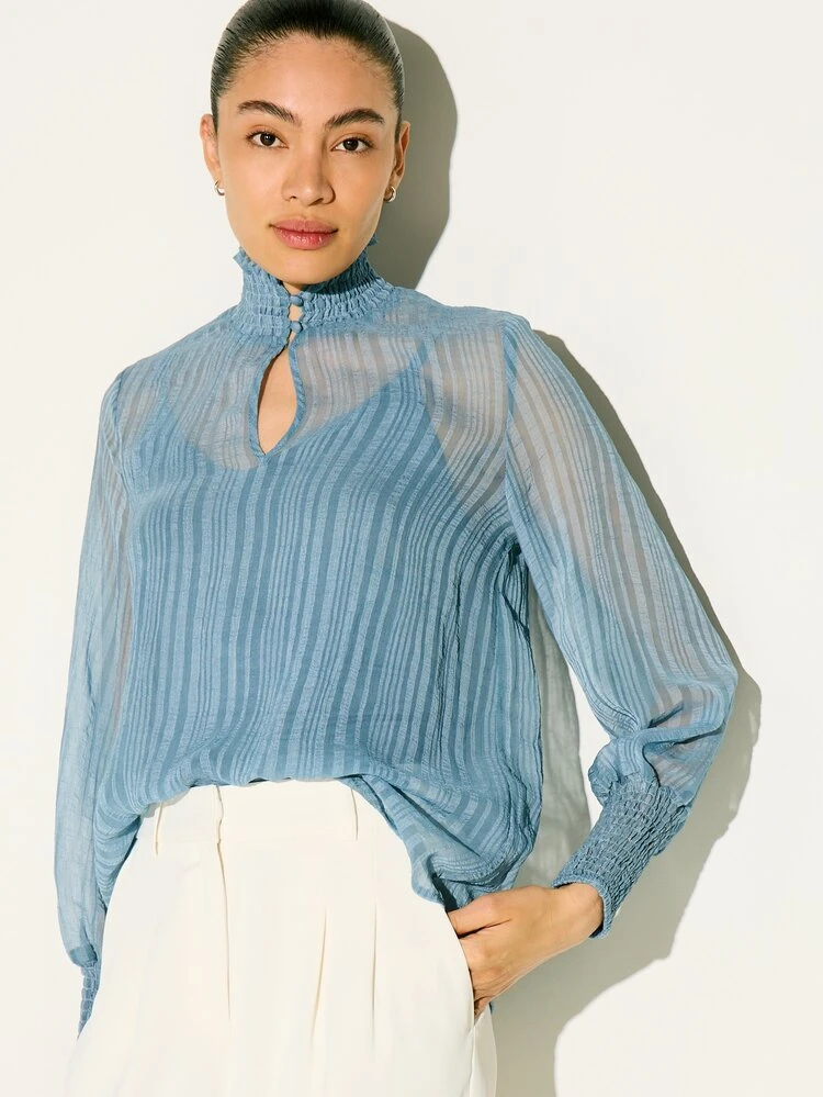 KSTM Women's Light Blue Ribbed Mock Neck Blouse With Keyhole Detail And Smocked Cuffs For Spring Summer