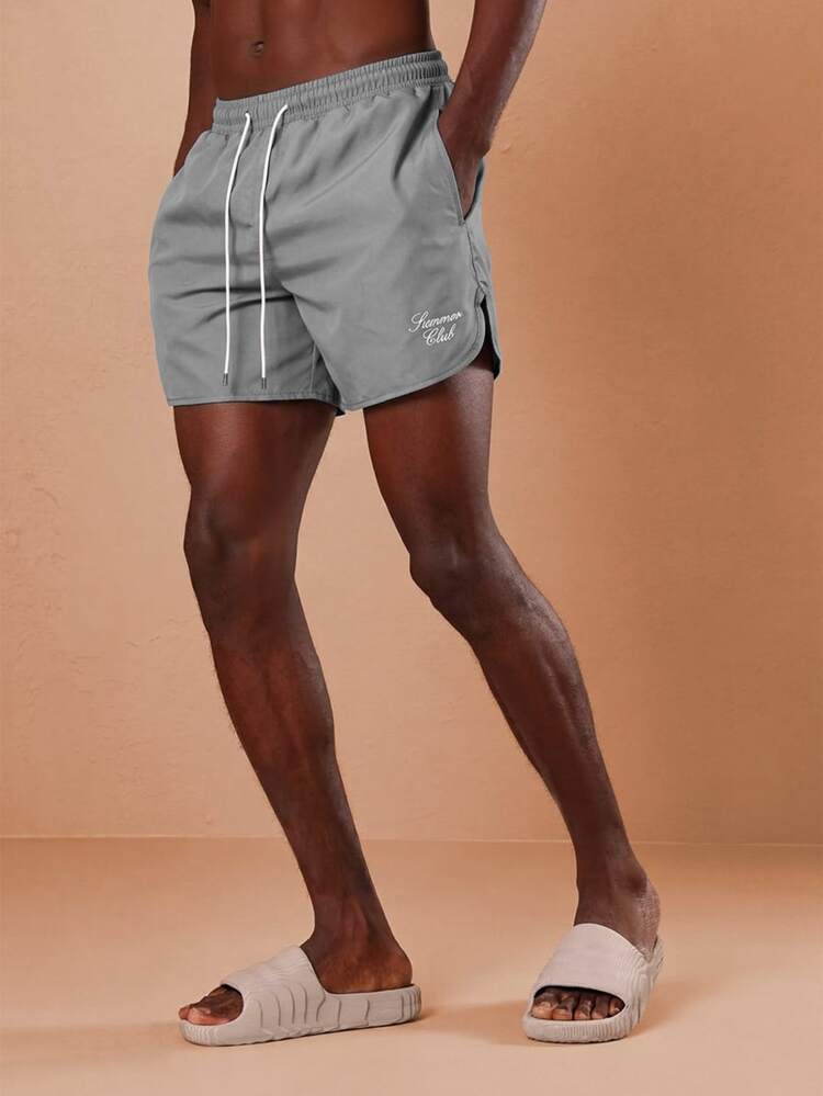 Men's Summer Beach Swim Shorts With Drawstring Regular Fit Quick Dry Casual Beachwear Swimming Trunks With Curved Hem And Side Pockets