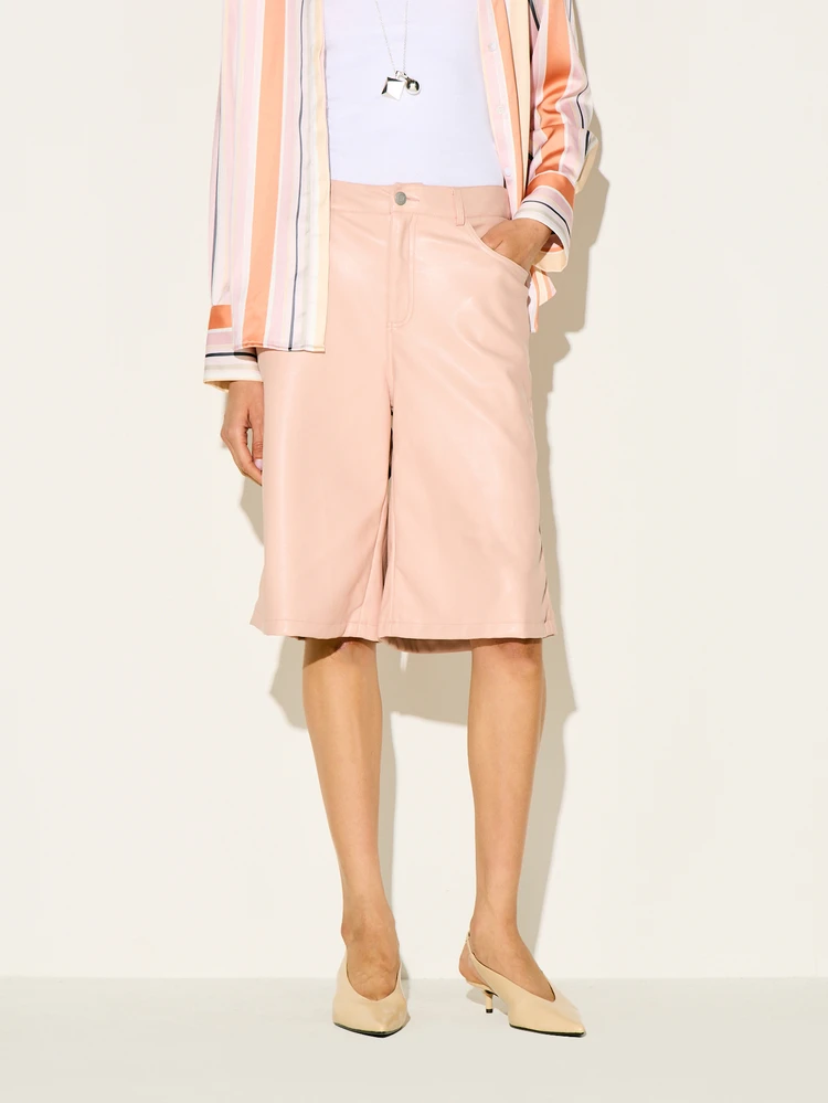 KSTM Women's Leather Bermuda Shorts High Rise Knee Length Summer Casual Straight Leg Pink Beige Luxury Premium Fashion Bottoms