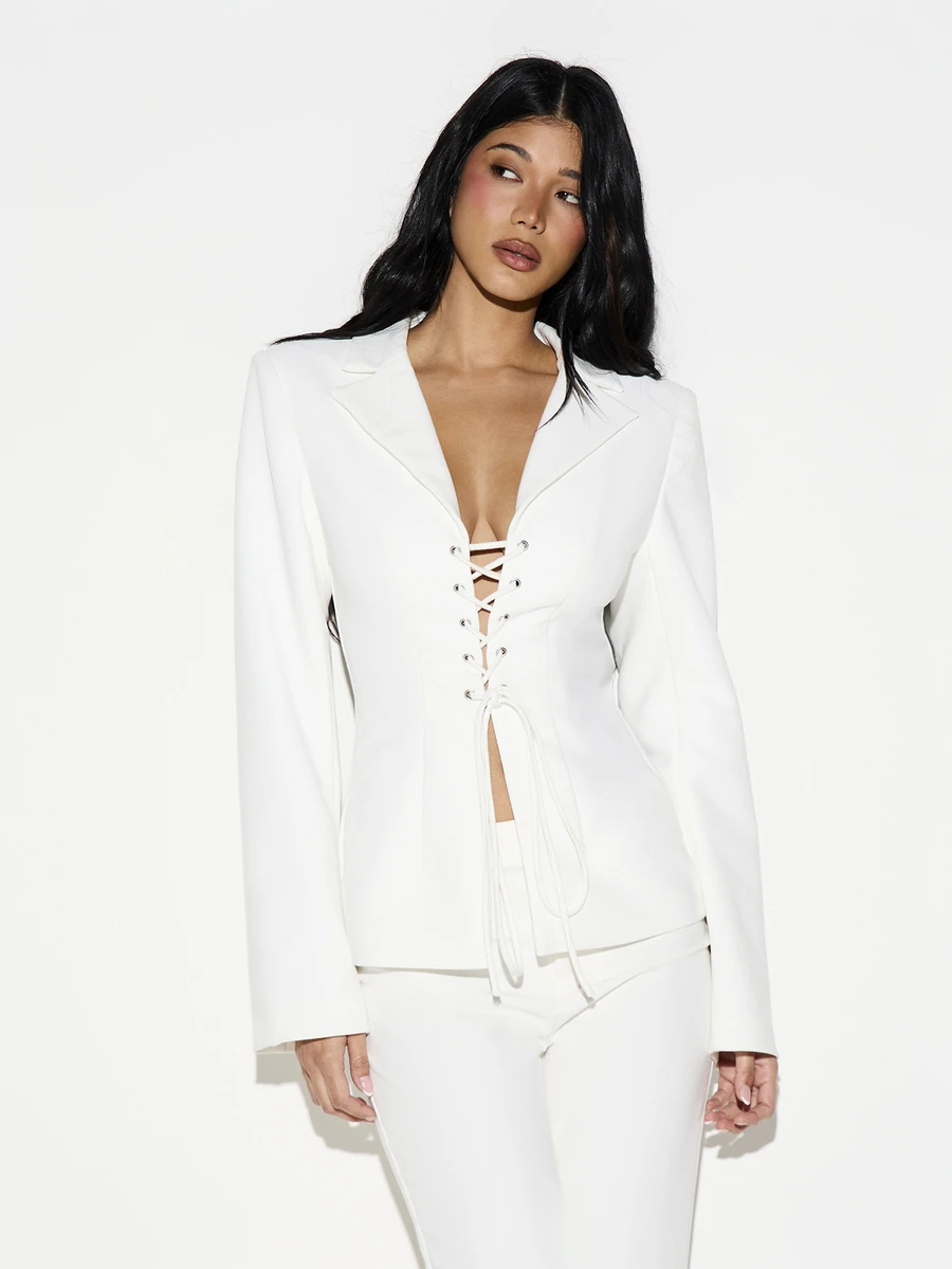 KIZN Women's Professional White Lace Up Front Cinched Blazer With Long Sleeves And Lapel Collar For Office Business Formal Occasions - White - View 1