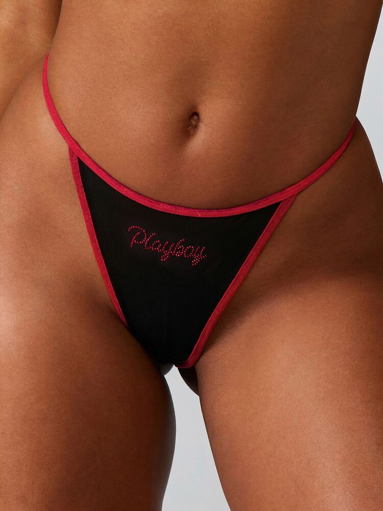 Missguided x Playboy Black Contrast Binding Rhinestone Script Thong Red Trim Valentine Day Lingerie Underwear