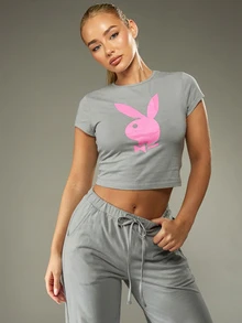Missguided x Playboy Bộ đồ ngủ nữ màu xám hồng in hình thỏ, áo croptop và quần ống rộng, đồ mặc nhà thoải mái, bộ đồ ngủ ban đêm. - Xám - Xem 3