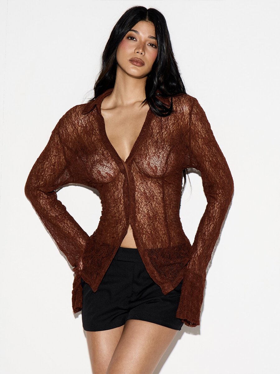 Áo khoác cardigan ren dài tay có dây buộc phía sau, cổ chữ V sâu, chất liệu xuyên thấu, màu nâu, thích hợp mặc ngoài. - màu nâu - Xem 1