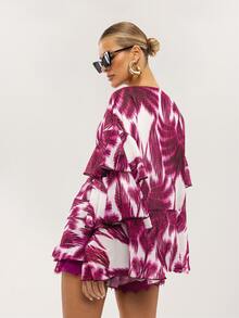 Dancing Leopard White Printed Frill Floaty Blouse Autumn Outfits For Women Holiday Top Night Out Vacation Date Night Vacation Festival Tropical - Purple - View 2