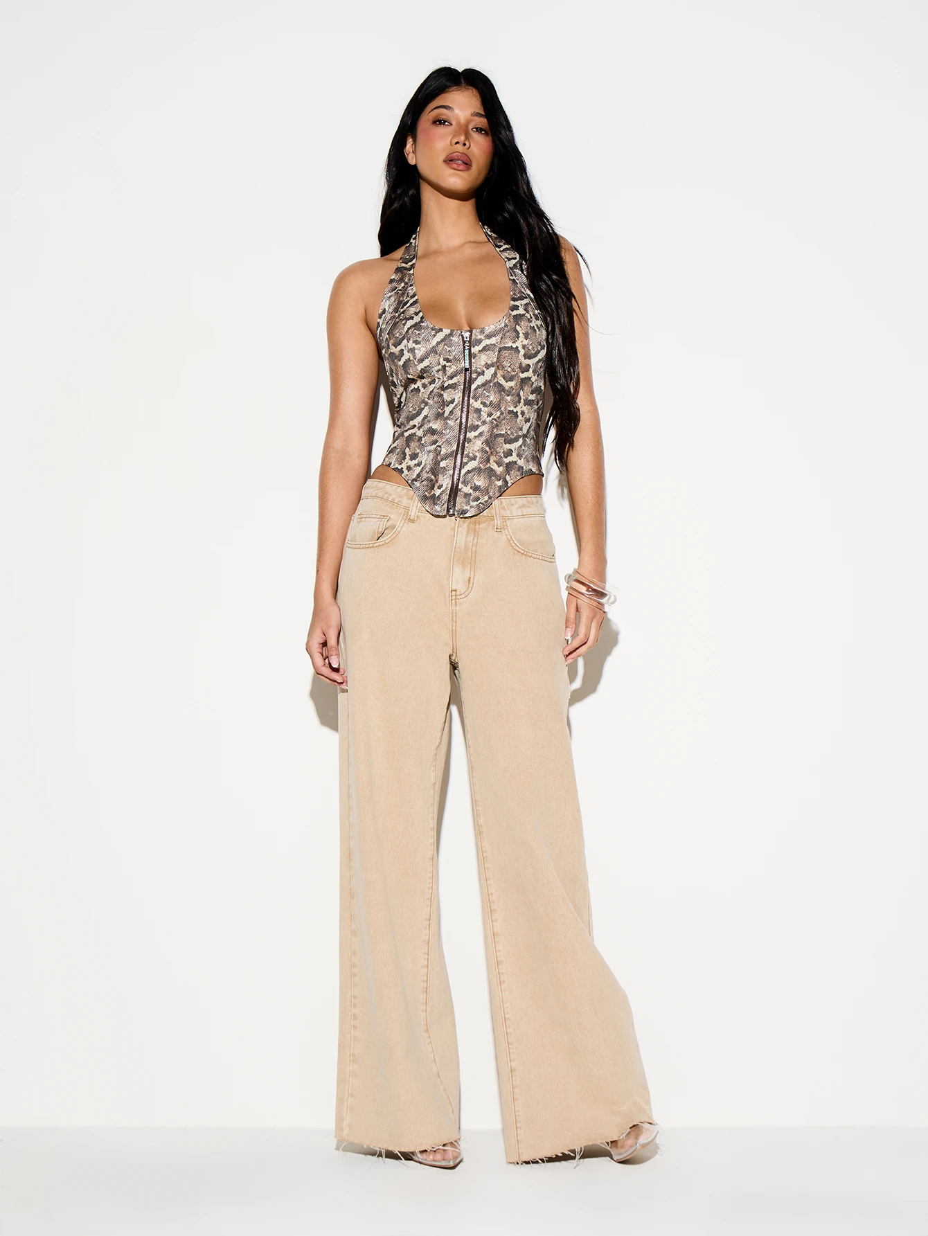KIZN Snake Print Halter Corset Top With Zip Detail