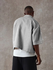 SUMWON Men's Textured Check Short Sleeve Shirt With Cropped Design Black White Plaid Pattern Button Front Casual Summer Shirt - Grey - View 3