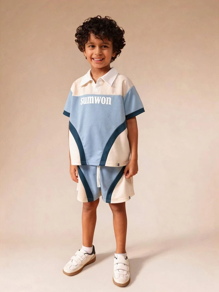 Boys Polo Shirt Shorts Set Collared Color Block Design Summer Casual Co-Ord Outfit