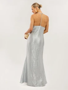 Dancing Leopard Vestido Maxi Plateado con Cuello Halter y Barra en T, Atuendos de Verano para Mujeres, Vestido de Invitada de Boda, Vestido de Vacaciones, Vestido de Vacaciones para Mujeres, Vestido de Fiesta en el Jardín - Plateado - Ver 2