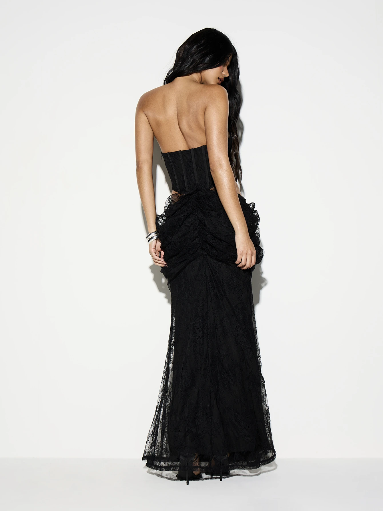 KIZN Black Lace Strapless Corseted Maxi Dress With Cutouts