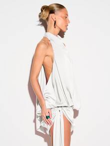 KIZN Elegant Satin Halter Neck Mini Dress With Backless Design And Side Tie Detail For Party - White - View 3